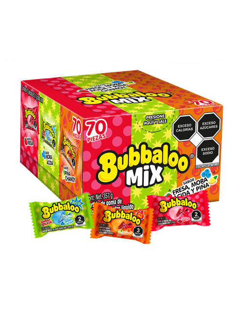 Adams 70´s chicle Bubbaloo FRESA-MORA-PIÑA display con 70 piezas (Cartón con 32 displays) 32/70pzs